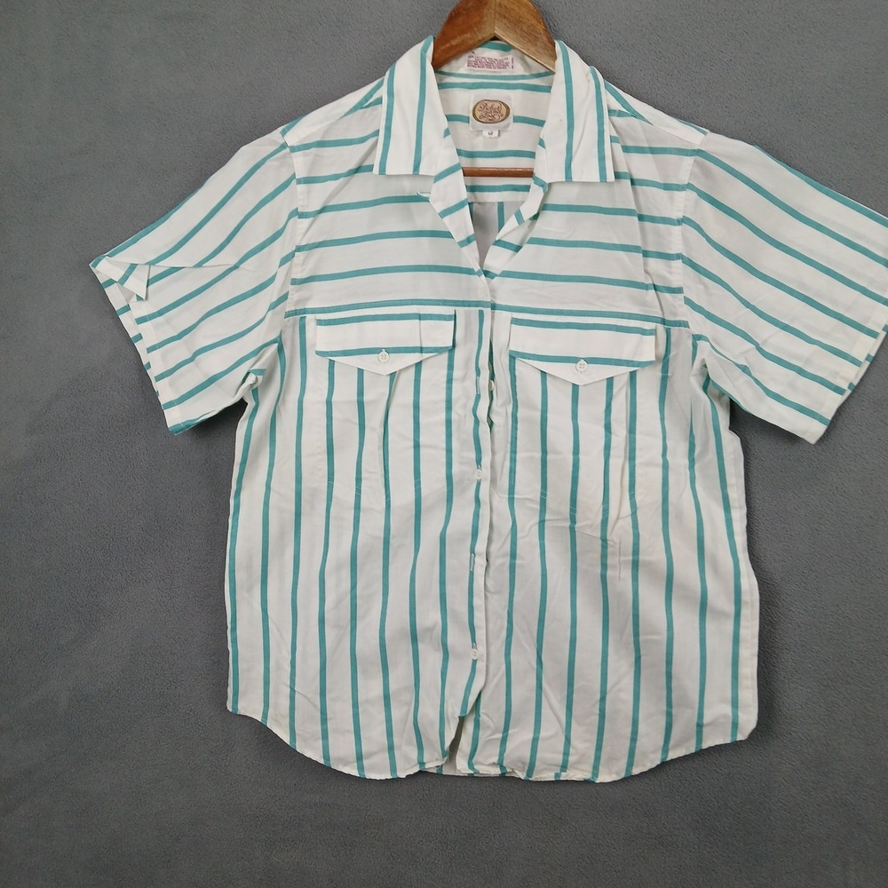 Picket and Post Shirt Womens 12 White Turquoise Striped Cotton Button Up Casual